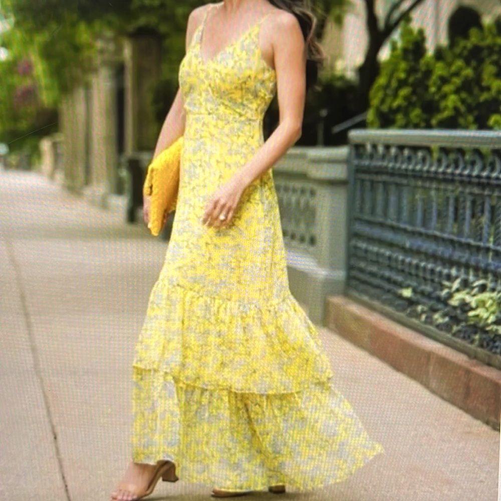 Banana Republic yellow floral ruffled maxi dress
